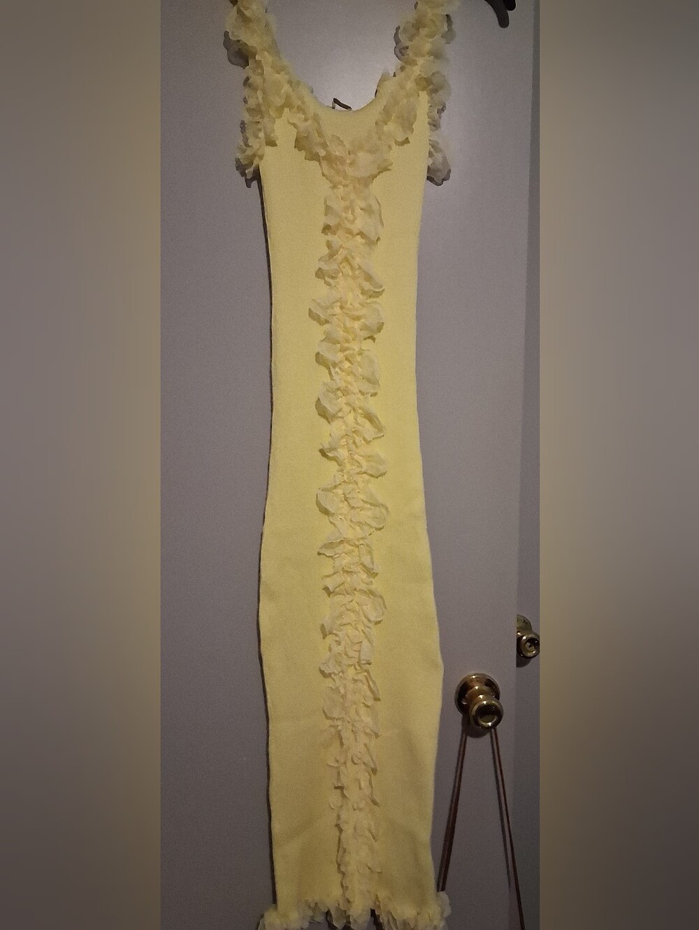 Meshki Pale Yellow Ribbed Maxi Dress with Center Ruffle - Picture 4 of 7